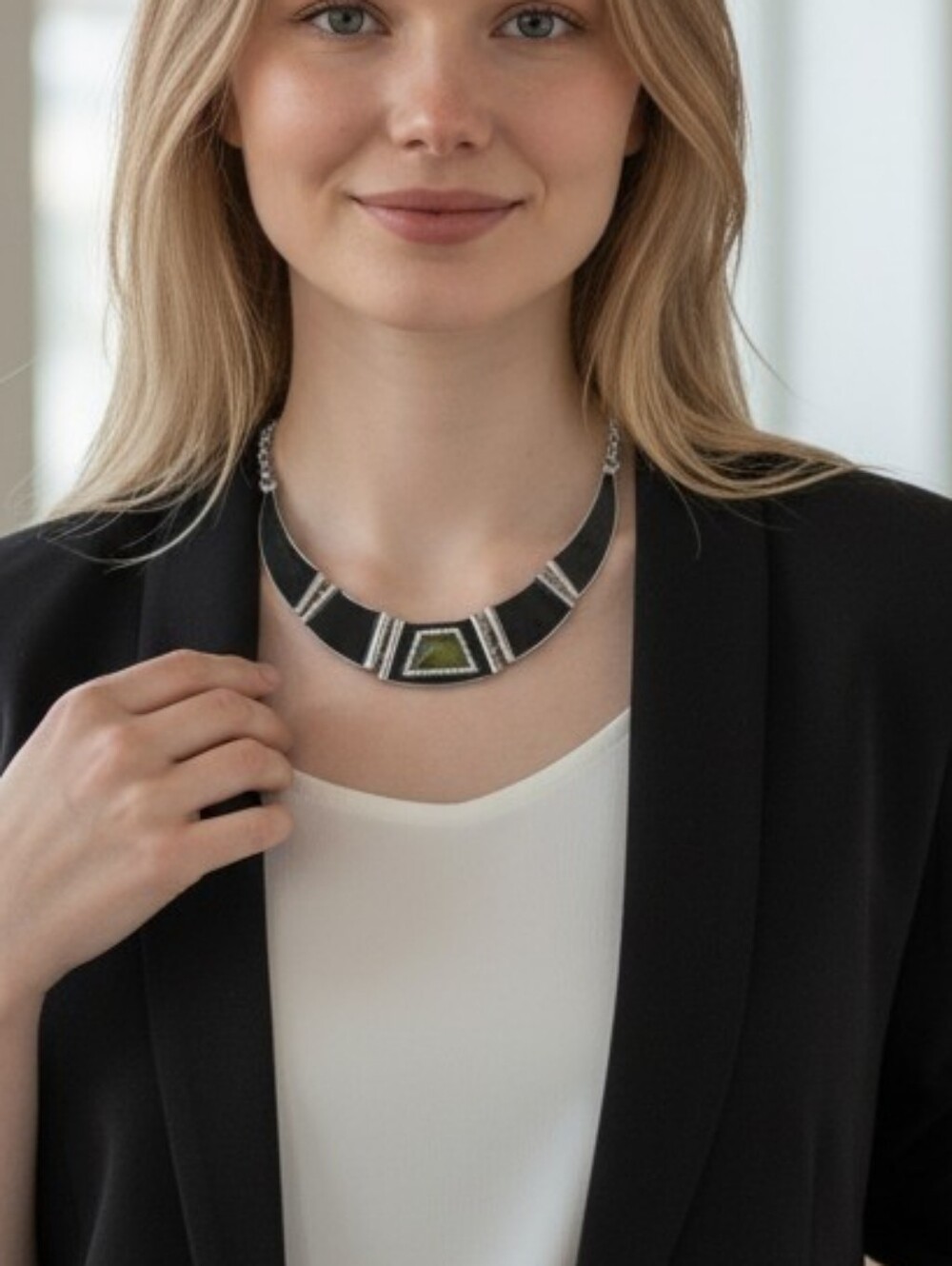 Statement Black and Olive Geometric Collar Necklace